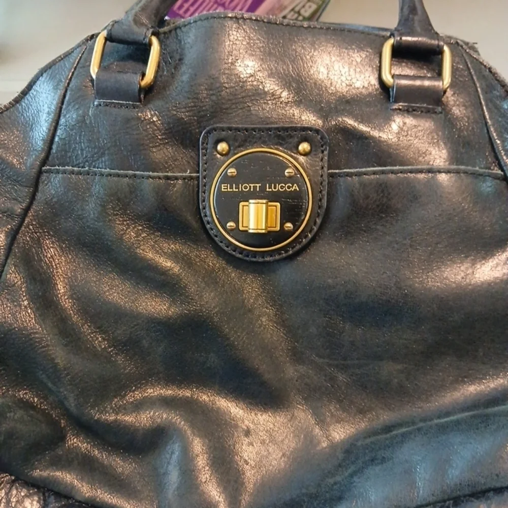 Elliott Lucca Black Genuine Leather Turn Lock Double Handle Bag